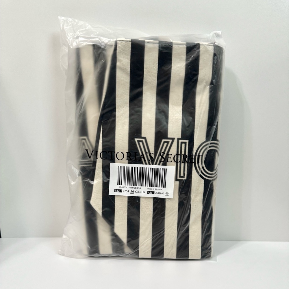 Victoria's Secret Logo Canvas Tote Bag & Wristlet - Black & White Stripes - Picture 5 of 8